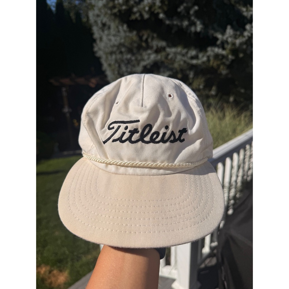 Vintage Titleist Golf Hat Texace Rope Brim Cream Adjustable Leather Strap USA